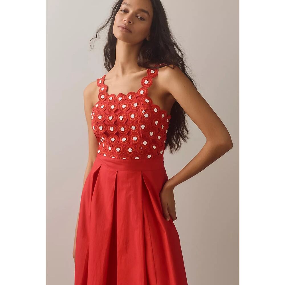 NWT Anthropologie Maeve Crochet Halter Poplin Midi Dress $228 SIZE 8 Red - Picture 3 of 5